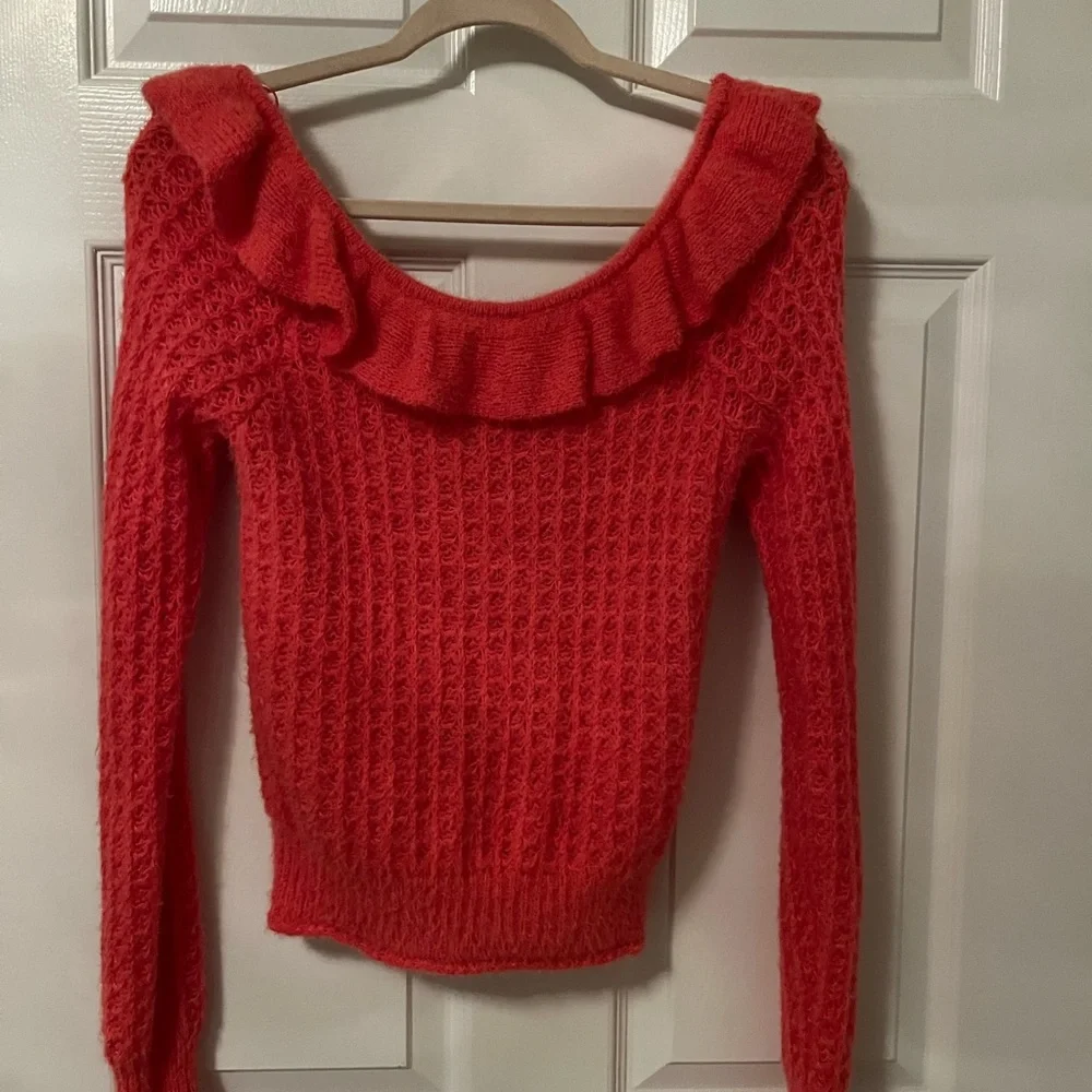 Anthropologie coral orange ruffle neck Fall sweater XS🧡🍊🧶👌🥰 - Picture 3 of 11